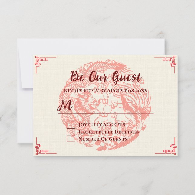 Cartão RSVP Dragão e fênix Red Beige, casamento chinês (Verso)