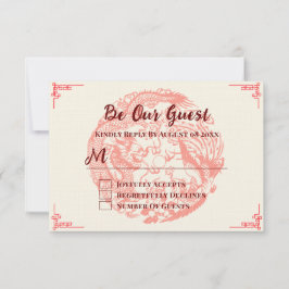 Cartão RSVP Dragão e fênix Red Beige, casamento chinês