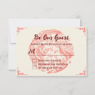 Cartão RSVP Dragão e fênix vermelho bege casamento chinês