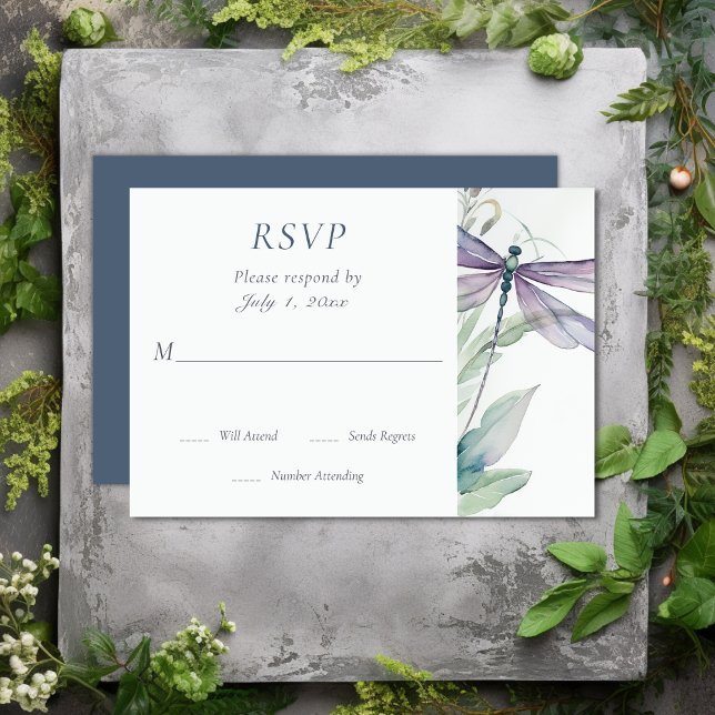 Cartão RSVP Dragonfly bonito e Casamento Verde (Pretty Watercolor Dragonfly and Greenery Wedding RSVP Card)