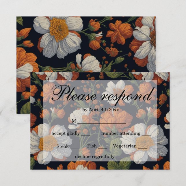 Cartão RSVP Dramatic Orange White Retro Flores elegantes (Frente/Verso)