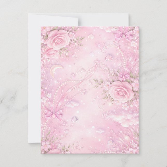 Cartão RSVP Dreamy Pink Rose Floral Pearls Bows Sparkle Pastel (Frente)