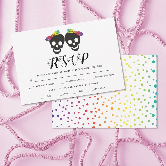 Cartão RSVP Duas noivas arco-íris cores confetti casamento lés (Criador carregado)