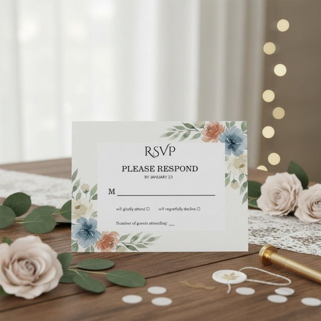 Cartão RSVP Dusty Blue and Terracotta Floral Wedding (Criador carregado)