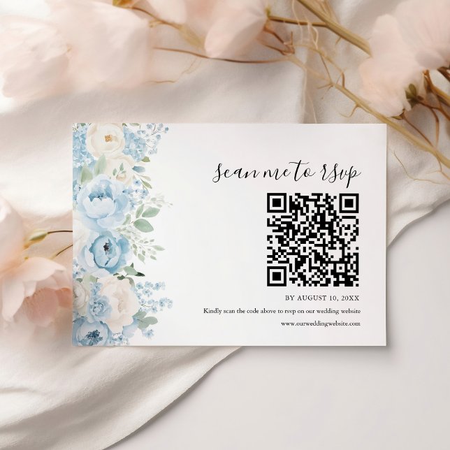 Cartão RSVP Dusty Blue Boho Floral Wedding QR Code (Criador carregado)