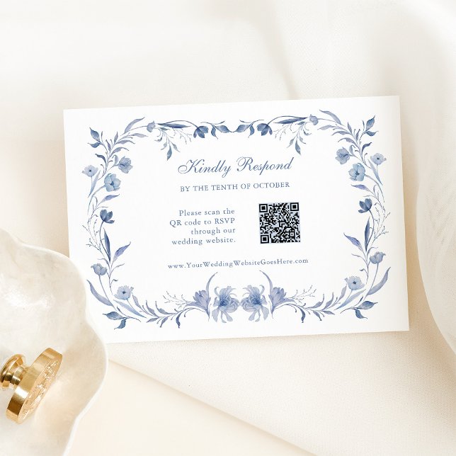 Cartão RSVP Dusty Blue Chinoiserie | Casamento de Código QR (Criador carregado)