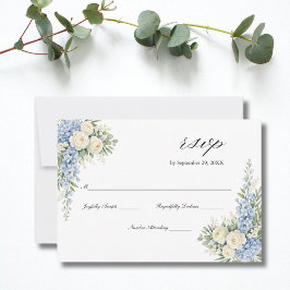 Cartão RSVP Dusty Blue Cream Watercolor Florals Roses Wedding 