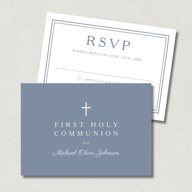 Cartão RSVP Dusty Blue Cross Boy First Holy Communion  (Dusty Blue Cross Boy First Holy Communion RSVP Card)