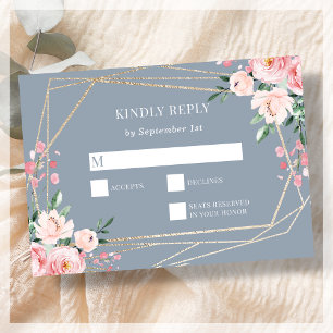 Cartão RSVP Dusty Blue Dourado Floral Casamento Rosa Choqu