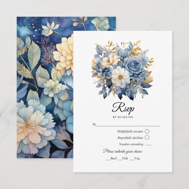 Cartão RSVP Dusty Blue e Dourado Casamento Floral (Frente/Verso)
