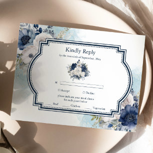 Cartão RSVP Dusty Blue e Marinho Floral Elegante Casamento