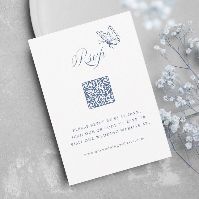 Cartão RSVP Dusty Blue Elegant Calligraphy Wedding QR Code (Criador carregado)