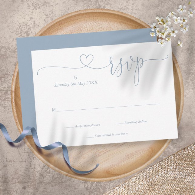 Cartão RSVP Dusty Blue Elegant Script Heart Simple (Criador carregado)
