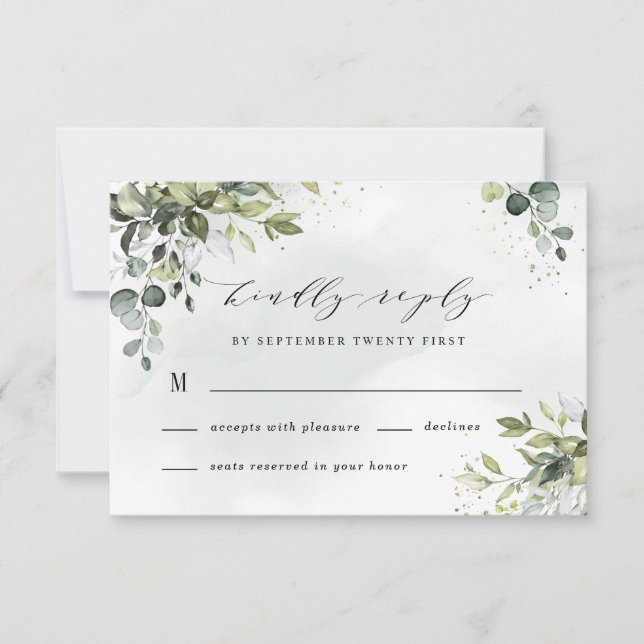 Cartão RSVP Dusty Blue Eucalyptus Greenery Casamento Suculento (Frente)