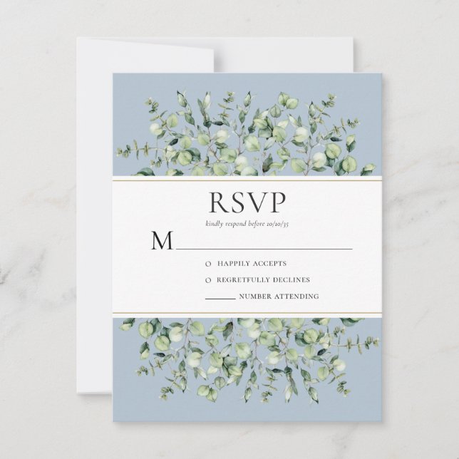 Cartão RSVP Dusty Blue Eucalyptus Wedding (Frente)
