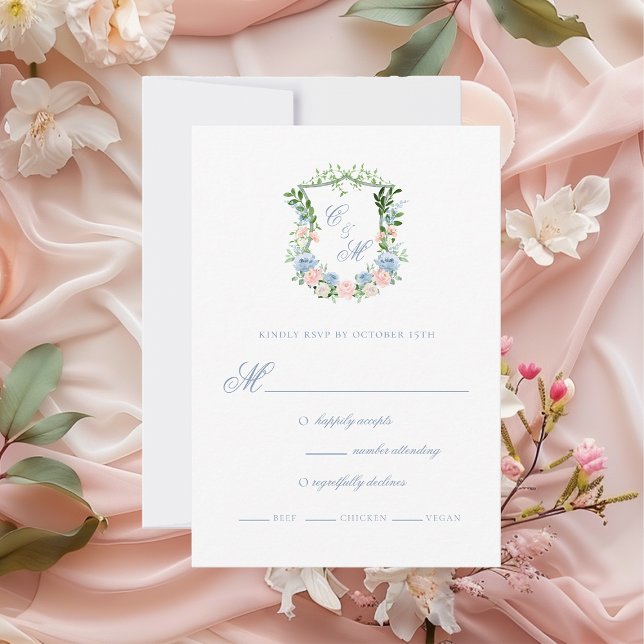 Cartão RSVP Dusty Blue Floral Crest Casamento (Criador carregado)