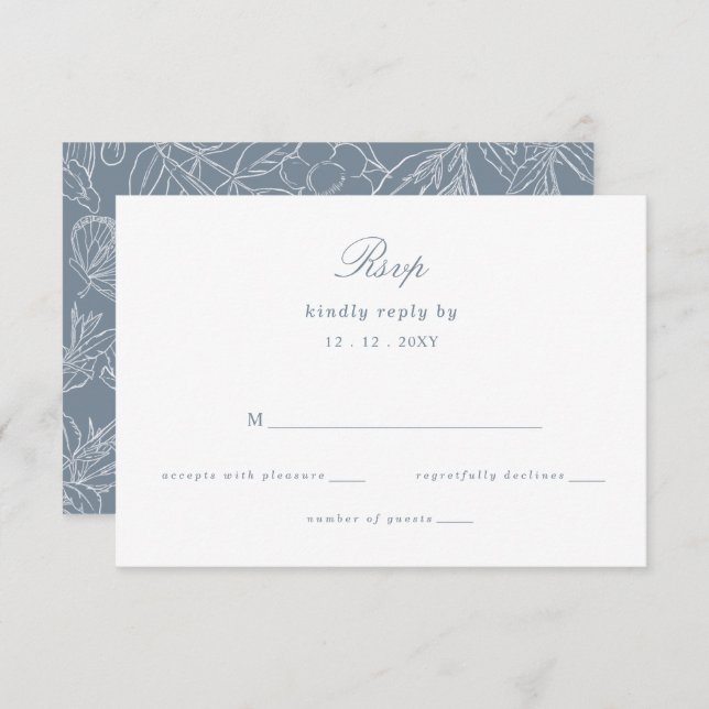 Cartão RSVP Dusty Blue Floral Crest Monograma Casamento (Frente/Verso)