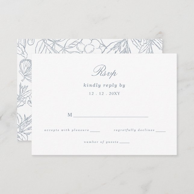 Cartão RSVP Dusty Blue Floral Crest Monograma Casamento (Frente/Verso)