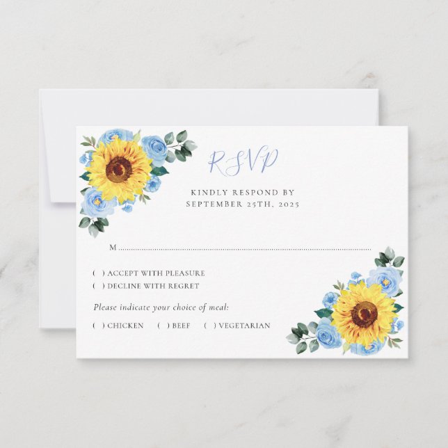 Cartão RSVP Dusty Blue Floral Sunflower Watercolor Casamento (Frente)