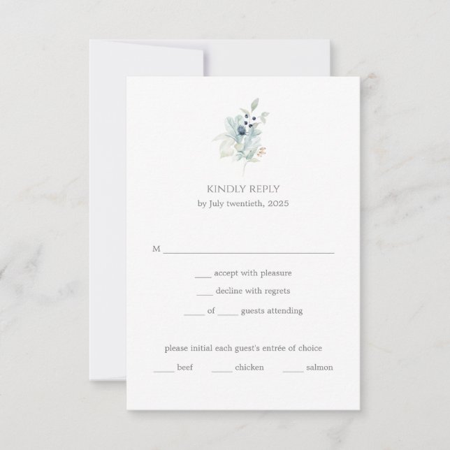 Cartão RSVP Dusty Blue Floral Wedding | Elegante Primavera (Frente)
