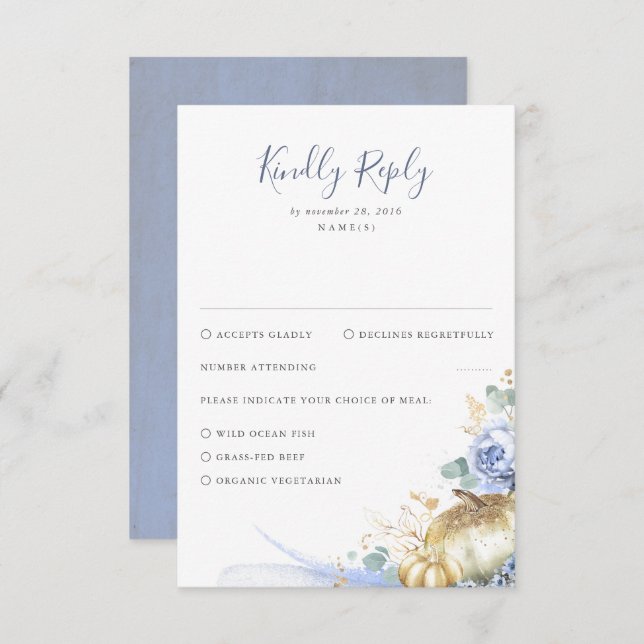 Cartão RSVP Dusty Blue Flowers e Pumpkins Weds (Frente/Verso)