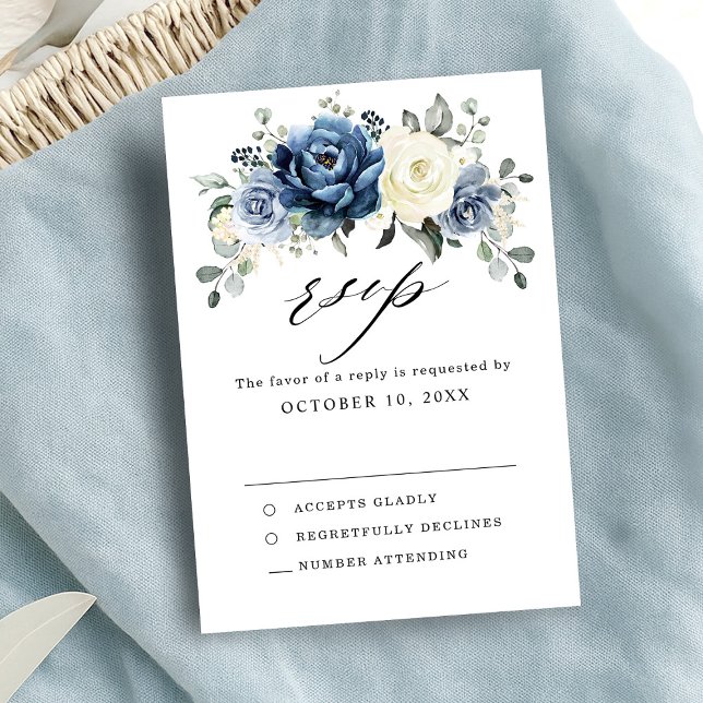 Cartão RSVP Dusty Blue Marinho Champanhe Ivory Floral Casament (Dusty Blue Navy Champagne Ivory Floral Wedding RSVP Card)