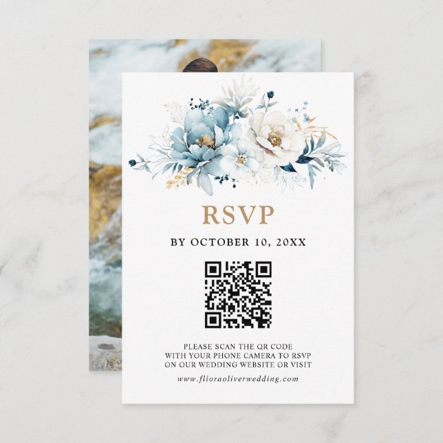 Cartão RSVP Dusty Blue Marinho White Ivory Dourada Casamento F (Frente/Verso)