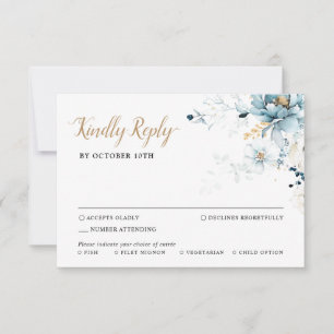 Cartão RSVP Dusty Blue Marinho White Ivory Dourada Casamento F