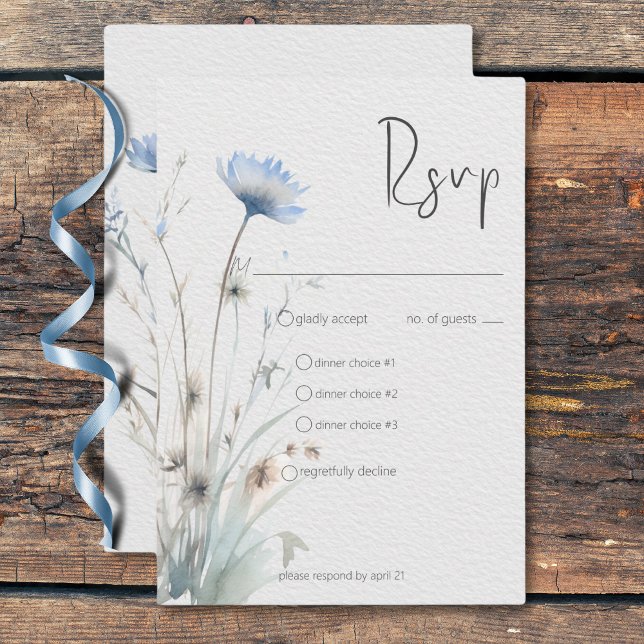 Cartão RSVP Dusty Blue Meadow Wildflower Janto moderno 3 (Dusty Blue Meadow Wildflowers Modern Dinner RSVP Card)