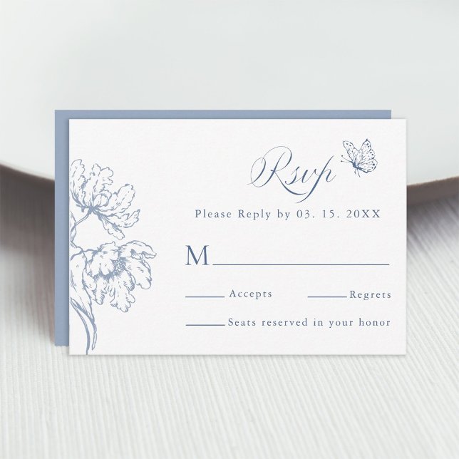 Cartão RSVP Dusty Blue Modern Classic Floral Wedding  (Criador carregado)