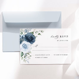 Cartão RSVP Dusty Blue Navy Floral Watercolor Elegant Wedding