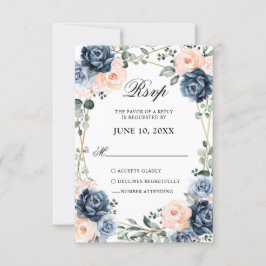 Cartão RSVP Dusty Blue Peach Blush Casamento Geométrico Floral