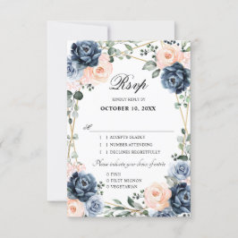 Cartão RSVP Dusty Blue Peach Blush Casamento Geométrico Floral