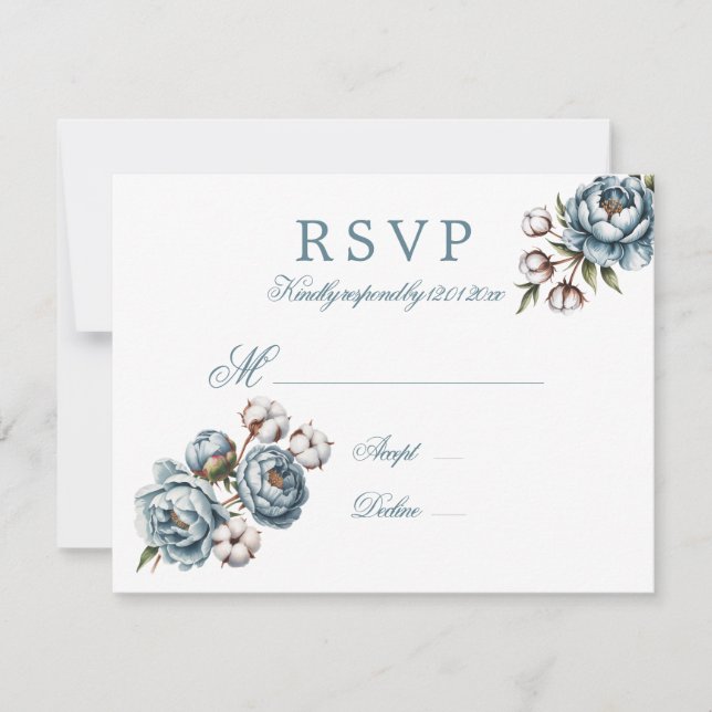 Cartão RSVP Dusty Blue Peony and Cotton Wedding (Frente)