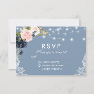 Cartão RSVP Dusty Blue Pink Floral Lace String Luzes Casadas