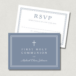 Cartão RSVP Dusty Blue Religious Cross Boy First Communion