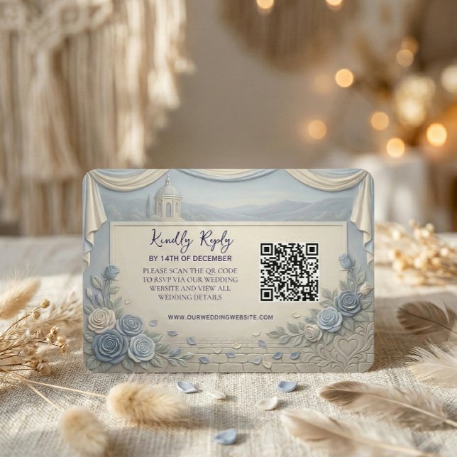 Cartão RSVP Dusty Blue Rose Romantic Wedding QR Code  (Criador carregado)