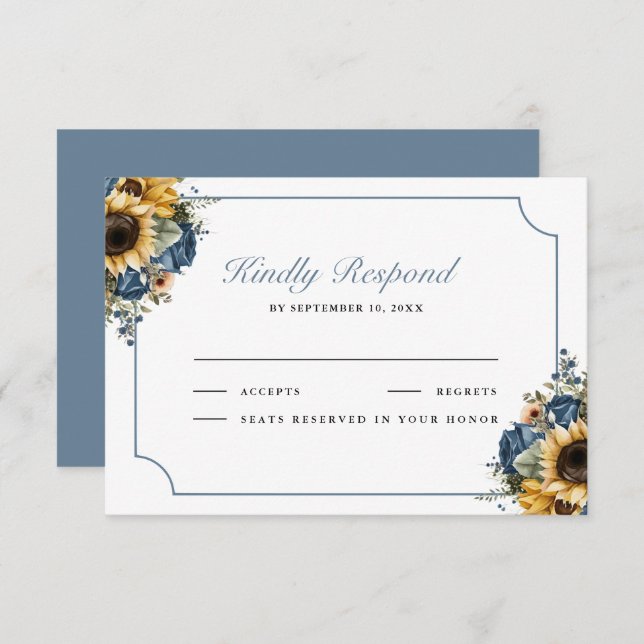 Cartão RSVP Dusty Blue Roses Sunflowers Wedding (Frente/Verso)