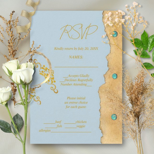 Cartão RSVP Dusty Blue Rustic Boho Gold Turquoise Wedding (Criador carregado)