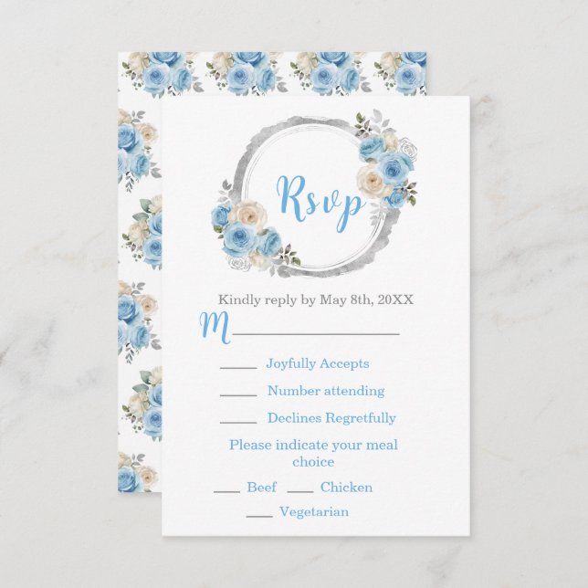 Cartão RSVP Dusty Blue Silver Elegant Flowers Sweet Sixteen (Frente/Verso)