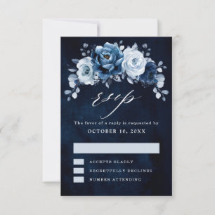Cartão RSVP Dusty Blue Slate Marinho Floral Casamento Botânico