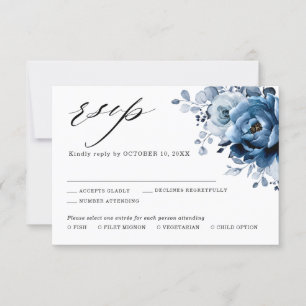 Cartão RSVP Dusty Blue Slate Marinho Floral Casamento Botânico
