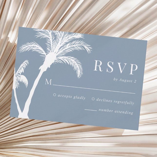 Cartão RSVP Dusty Blue Tropical Palm Tree Beach Weding (Criador carregado)