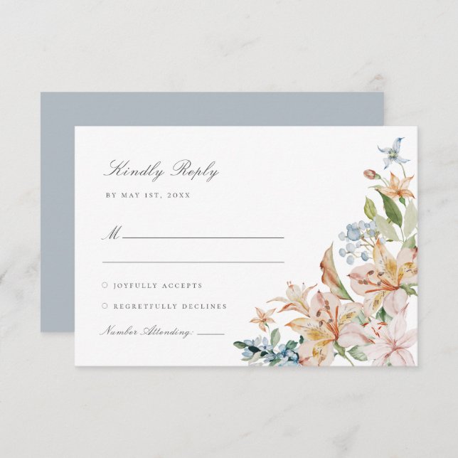Cartão RSVP Dusty Blue Watercolor Primavera Floral Casamento (Frente/Verso)