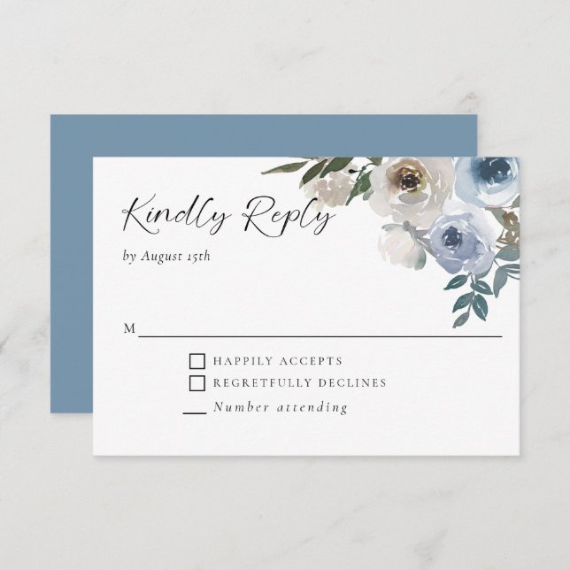 Cartão RSVP Dusty Blue Wedding Floral Elegante gentilmente Res (Frente/Verso)