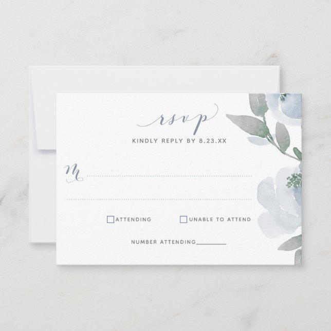 Cartão RSVP Dusty Blue Wedding Watercolor Floral Suave (Frente)