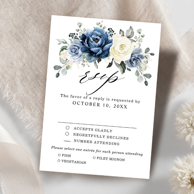 Cartão RSVP Dusty Blue White Floral Reply Refeitura Escolha (Dusty Blue White Floral Wedding Reply | Meal Choice RSVP Card)