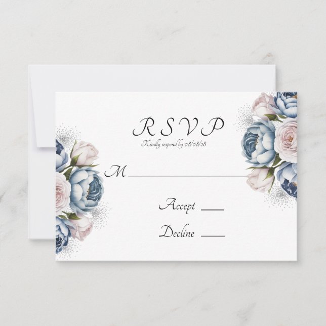 Cartão RSVP Dusty Blue & White Peony Weds (Frente)