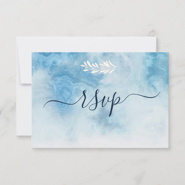 Cartão RSVP Dusty Blue Winter Script Calliografia White Branch (Frente)