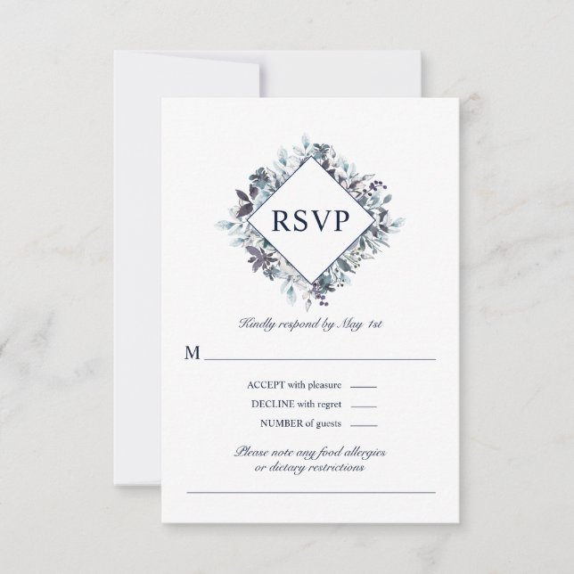 Cartão RSVP Dusty Marinho Azul Aquarela Casamento Floral (Frente)